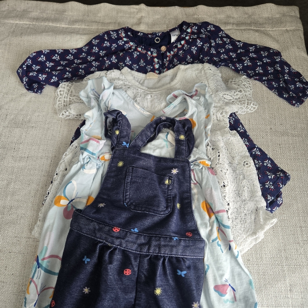 Baby Bundle - Girls' Navy Denim Look Overalls with Floral Embroidery